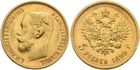 RUSSIA, Tsars of Russia. Nikolai II Aleksandrovich, 1894-1917. 5 Roubles 1899 (Gold, 18 mm, 4.32 g, 12 h), St. Petersburg. Bare head of Nikolai II to ...