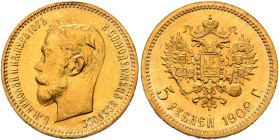 RUSSIA, Tsars of Russia. Nikolai II Aleksandrovich, 1894-1917. 5 Roubles 1902 (Gold, 18 mm, 4.30 g, 12 h), St. Peterbsurg. Bare head of Nikolai II to ...