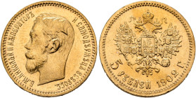 RUSSIA, Tsars of Russia. Nikolai II Aleksandrovich, 1894-1917. 5 Roubles 1902 (Gold, 18 mm, 4.30 g, 12 h), St. Peterbsurg. Bare head of Nikolai II to ...