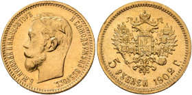 RUSSIA, Tsars of Russia. Nikolai II Aleksandrovich, 1894-1917. 5 Roubles 1902 (Gold, 18 mm, 4.30 g, 12 h), St. Peterbsurg. Bare head of Nikolai II to ...