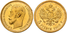 RUSSIA, Tsars of Russia. Nikolai II Aleksandrovich, 1894-1917. 5 Roubles 1902 (Gold, 18 mm, 4.30 g, 12 h), St. Peterbsurg. Bare head of Nikolai II to ...
