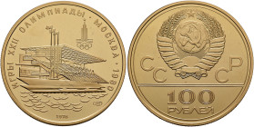 RUSSIA, Union of Soviet Socialist Republics. 1923-1991. 100 Roubles dated 1978 (Gold, 30 mm, 17.21 g, 12 h), Olympic Games 1980, Waterside Grandstand....