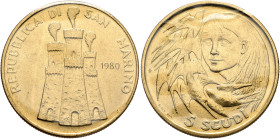 SAN MARINO. Repubblica, 301-present. 5 Scudi 1980 (Gold, 28 mm, 15.00 g, 6 h). REPVBBLICA DI SAN MARINO View of the Città di San Marino on Monte Titan...