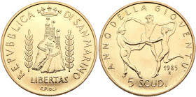 SAN MARINO. Repubblica, 301-present. 5 Scudi 1985 (Gold, 28 mm, 10.00 g, 6 h). REPVBBLICA - DI SAN MARINO / LIBERTAS View of the Città di San Marino o...