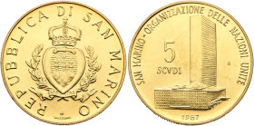 SAN MARINO. Repubblica, 301-present. 5 Scudi 1987 (Gold, 28 mm, 17.00 g, 6 h). REPVBBLICA DI SAN MARINO Crowned coat of arms. Rev. SAN MARINO - ORGANI...