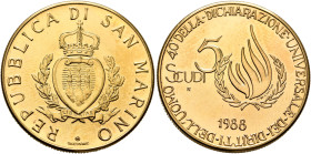 SAN MARINO. Repubblica, 301-present. 5 Scudi 1988 (Gold, 28 mm, 17.00 g, 6 h). REPVBBLICA DI SAN MARINO Crowned coat of arms. Rev. 40. DELLA DICHARAZI...