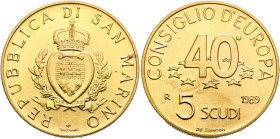 SAN MARINO. Repubblica, 301-present. 5 Scudi 1989 (Gold, 28 mm, 17.05 g, 6 h). REPVBBLICA DI SAN MARINO Crowned coat of arms. Rev. CONSIGLIO D'EUROPA ...