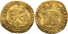 SPAIN, Castile & León. Fernando V & Isabel I (Los Reyes Católicos - the Catholic royals), 1474-1504. 2 Excelentes (Gold, 29 mm, 6.88 g, 3 h), Sevilla....