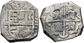 SPAIN, Reino de España. Felipe IV el Grande, 1621-1665. Cob 8 Reales (Silver, 33 mm, 26.75 g), Segovia, uncertain date. Crowned coat of arms; to left,...
