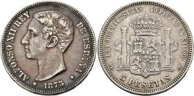 SPAIN, Reino de España. Alfonso XII, 1874-1885. 5 Pesetas 1875 (Silver, 37 mm, 24.86 g, 6 h), Madrid. ALFONSO XII REY DE ESPANA / ✱ 1875 ✱ Head of Alf...