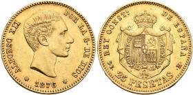 SPAIN, Reino de España. Alfonso XII, 1874-1885. 25 Pesetas 1876 (Gold, 24 mm, 8.08 g, 6 h). ALFONSO XII POR LA G. DE DIOS Head of Alfonso XII to right...