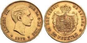 SPAIN, Reino de España. Alfonso XII, 1874-1885. 25 Pesetas 1878 (Gold, 24 mm, 8.08 g, 6 h). ALFONSO XII POR LA G. DE DIOS Head of Alfonso XII to right...