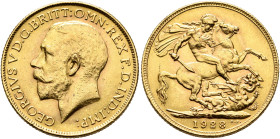 SOUTH AFRICA. Union of South Africa (British Dominion). George V, 1910-1936. Sovereign 1928 SA (Gold, 22 mm, 8.00 g, 12 h), Pretoria. GEORGIVS V D. G....