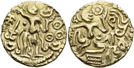 SRI LANKA (CEYLON), Native coinages. Period of the Chola Invasion. Circa 990-1070. Kahavanu (Electrum, 19 mm, 4.36 g, 12 h). King standing facing, hea...