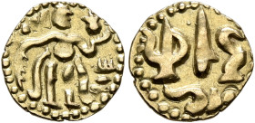 SRI LANKA (CEYLON), Native coinages. Period of the Chola Invasion. Circa 990-1070. Aka – 1/8 Kahavanu (Electrum, 10 mm, 0.52 g, 11 h). King standing f...
