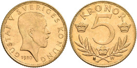 SWEDEN. Gustaf V, 1907–1950. 5 Kronor 1920 (Gold, 16 mm, 2.25 g, 12 h). GUSTAF V SVERIGES KONUNG / 1920 Head of Gustaf V to right. Rev. KRONOR / 5 Thr...