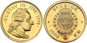 SWEDEN. Karl XVI Gustaf, 1973–present. 1000 Kronor 1992 (Gold, 20 mm, 5.80 g, 12 h), on the 200th anniversary of the death of Gustaf III. GUSTAV III 1...