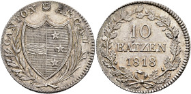 SWITZERLAND. Aargau, Kanton. 10 Batzen 1818 (Silver, 29 mm, 7.33 g, 6 h). CANTON ARGAU Coat of arms between laurel and palm branch. Rev. 10 / BATZEN /...