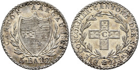 SWITZERLAND. Aargau, Kanton. 5 Batzen 1826 (Silver, 27 mm, 4.27 g). CANTON AARGAU 1826 / 5•BATZ Coat of arms. Rev. CONCORDIER CANTONE DER SCHWEIZ Cros...