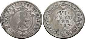 SWITZERLAND. Appenzell Innerrhoden. 6 Kreuzer 1737 (Billon, 26 mm, 2.93 g, 12 h). MONETA REIP APPENZELLENSIS Bear standing right on cartouche. Rev. VI...