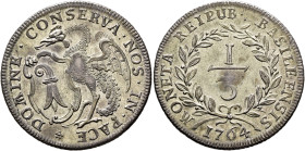 SWITZERLAND. Basel, Stadt. 1/3 Taler 1764 (Silver, 30 mm, 7.79 g, 6 h). DOMINE•CONSERVA•NOS•IN•PACE Basilisk standing left, holding coat of arms. Rev....