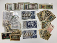 A lot containing about 243 bank notes. Including: Three x 100 francs Swiss (two unfolded), emergency money and bank notes fromm different countries. F...