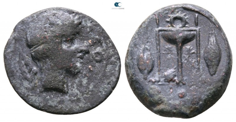 Sicily. Leontinoi circa 405-402 BC. 
Tetras Æ

14mm., 2,09g.



nearly ve...