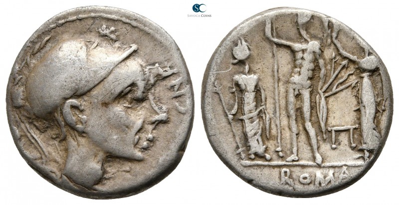 Cn. Blasio Cn.f 112-111 BC. Rome
Denarius AR

16mm., 3,44g.



very fine