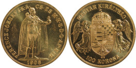 RDR – Habsburg – Österreich, KAISERREICH ÖSTERREICH. Franz Josef I. (1848-1916). 100 Kronen 1908 KB, Kremnitz. 100 Jahre Ungarn. Offizielle NEUPRÄGUNG...