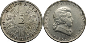 RDR – Habsburg – Österreich, REPUBLIK ÖSTERREICH. 175 Jahre - Wolfgang Amadeus Mozart. 2 Schilling 1931. 12,0 g. 0.640 Silber. 0.25 OZ. KM 2847. Stemp...