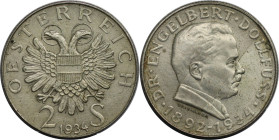 RDR – Habsburg – Österreich, REPUBLIK ÖSTERREICH. Engelbert Dollfuß. 2 Schilling 1934. 12,0 g. 0.640 Silber. 0.25 OZ. KM 2852. Stempelglanz