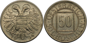RDR – Habsburg – Österreich, REPUBLIK ÖSTERREICH. 50 Groschen (Nachtschilling) 1934. Kupfer-Nickel. KM 2850. Stempelglanz. Seltener