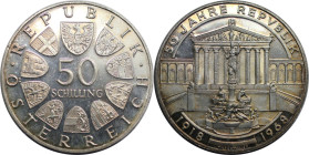 RDR – Habsburg – Österreich, REPUBLIK ÖSTERREICH. 50 Jahre Republik. 50 Schilling 1968. 20,0 g. 0.900 Silber. 0.58 OZ. KM 2904. Polierte Platte