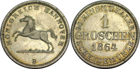 Altdeutsche Münzen und Medaillen, BRAUNSCHWEIG - CALENBERG - HANNOVER. Georg V. (1851-1866). 1 Groschen 1864 B. Billon. KM 236. Stempelglanz. Feine Pa...