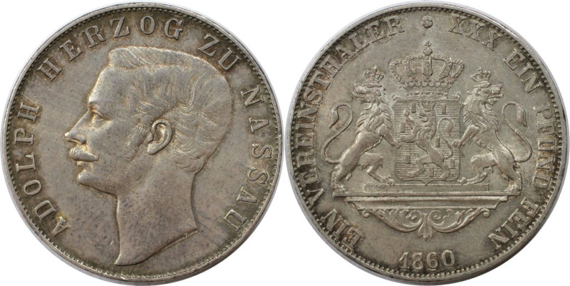 Altdeutsche Münzen und Medaillen, NASSAU. Adolph (1839-1866). Vereinsthaler 1860...
