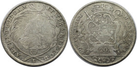Altdeutsche Münzen und Medaillen, WÜRZBURG - BISTUM. Adam Friedrich von Seinsheim (1755-1779). 20 Kreuzer 1764 L / MWP. Silber. KM 379. Sehr schön