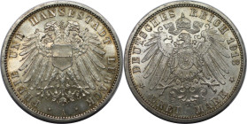Deutsche Münzen und Medaillen ab 1871, REICHSSILBERMÜNZEN, Lübeck. 3 Mark 1913 A. Silber. KM 215, Jaeger 82, AKS 4. Stempelglanz. Auflage 15.000 Stuck...