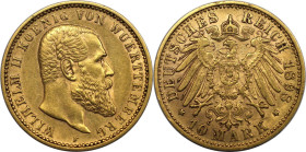 Deutsche Münzen und Medaillen ab 1871, REICHSGOLDMÜNZEN, Wurttemberg, Wilhelm II. (1891-1918). 10 Mark 1898 F. Gold. Jaeger 295, A.K.S. 142, Fr. 3877....
