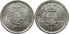 Europäische Münzen und Medaillen, Portugal. PORTUGIESISCHE BESITZUNGEN. SAINT THOMAS & PRINCE ISLANDS. 10 Escudos 1951. 12,50 g. 0.720 Silber. 0.29 OZ...
