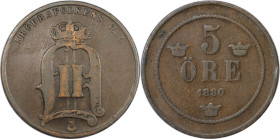 Europäische Münzen und Medaillen, Schweden / Sweden. Oskar II. (1872-1907). 5 Öre 1880. Kupfer. KM 736. Sehr schön-vorzüglich, WinzigerFleck. Winz.Kra...