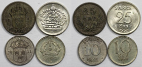 Europäische Münzen und Medaillen, Schweden / Sweden, Lots und Samllungen. 10 Öre 1911, 10 Öre 1949, 25 Öre 1930, 25 Öre 1957. Lot von 4 Münzen. Bild a...