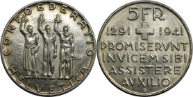Europäische Münzen und Medaillen, Schweiz / Switzerland. 650 Jahre Eidgenossenschaft. 5 Franken 1941 B. 15,0 g. 0.835 Silber. 0.40 OZ. KM 44. Fast Ste...