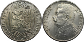 Europäische Münzen und Medaillen, Tschechoslowakei / Czechoslovakia. 70. Geburtstag von Josef Stalin. 100 Kronen 1949. 14,0 g. 0.500 Silber. 0.23 OZ. ...