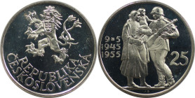 Europäische Münzen und Medaillen, Tschechoslowakei / Czechoslovakia. 10 Jahre Befreiung. 25 Kronen 1955. 16,0 g. 0.500 Silber. 0.26 OZ. KM 43. Poliert...