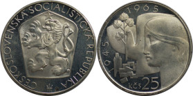Europäische Münzen und Medaillen, Tschechoslowakei / Czechoslovakia. "20 Jahre Befreiung". 25 Kronen 1965. 16,0 g. 0.500 Silber. 0.26 OZ. KM 59. Polie...