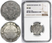 Russische Münzen und Medaillen, Nikolaus I. (1826-1855). 3 Rubel 1835 SPB, St. Petersburg. Platin. Bitkin 81 (R), KM C-177, Fb. 160. NGC EF 40. Selten...