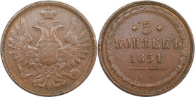 Russische Münzen und Medaillen, Nikolaus I. (1826-1855). 5 Kopeken 1851 EM. Kupfer. Schön-sehr schön