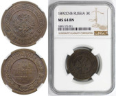 Russische Münzen und Medaillen, Alexander III. (1881-1894). 3 Kopeken 1892 SPB, St. Petersburg. Kupfer. Bitkin 160. NGC MS 64 BN. Selten in dieser Erh...