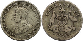 Weltmünzen und Medaillen, Australien / Australia. George V. 3 Pence 1914. Silber. KM 24. Schön-sehr schön