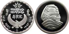 Weltmünzen und Medaillen, Ägypten / Egypt. Sphinx. 5 Pounds 1993 (AH 1414). 22,50 g. 0.999 Silber. 0.72 OZ. KM 741. Polierte Platte